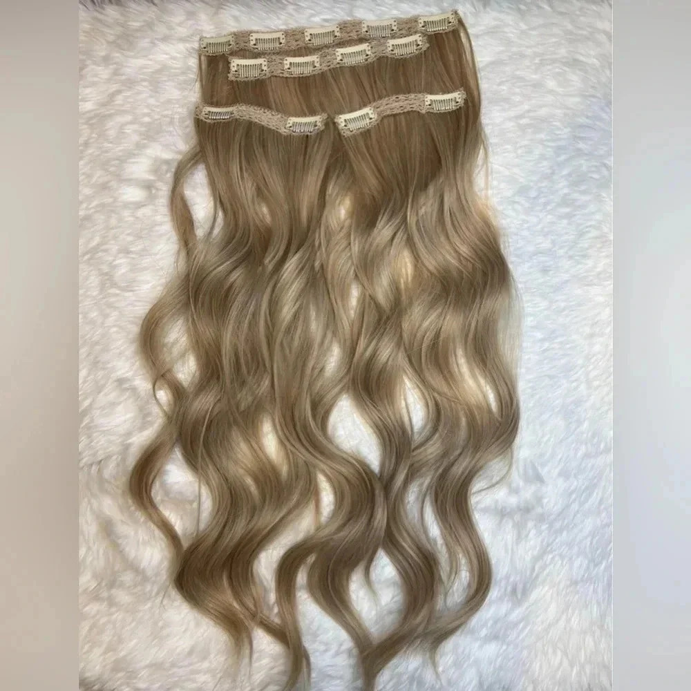 20 Inch Clip in Medium Dark Blonde Hair extensions wavy 4 thick pieces - Picture 7 of 10